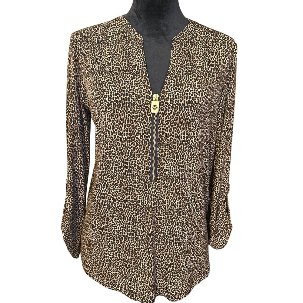 Michael Kors Leopard Print V-Neck Zip-Front Blouse Womens M Long Sleeve Gold Acc